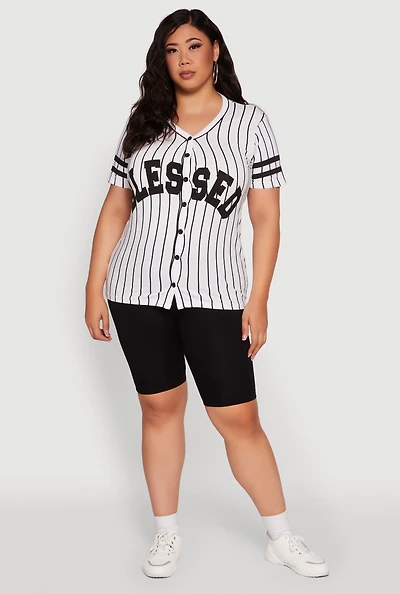 Womens Plus Size Blessed 1 Graphic Striped Baseball Tee, Multi, Size 2X
