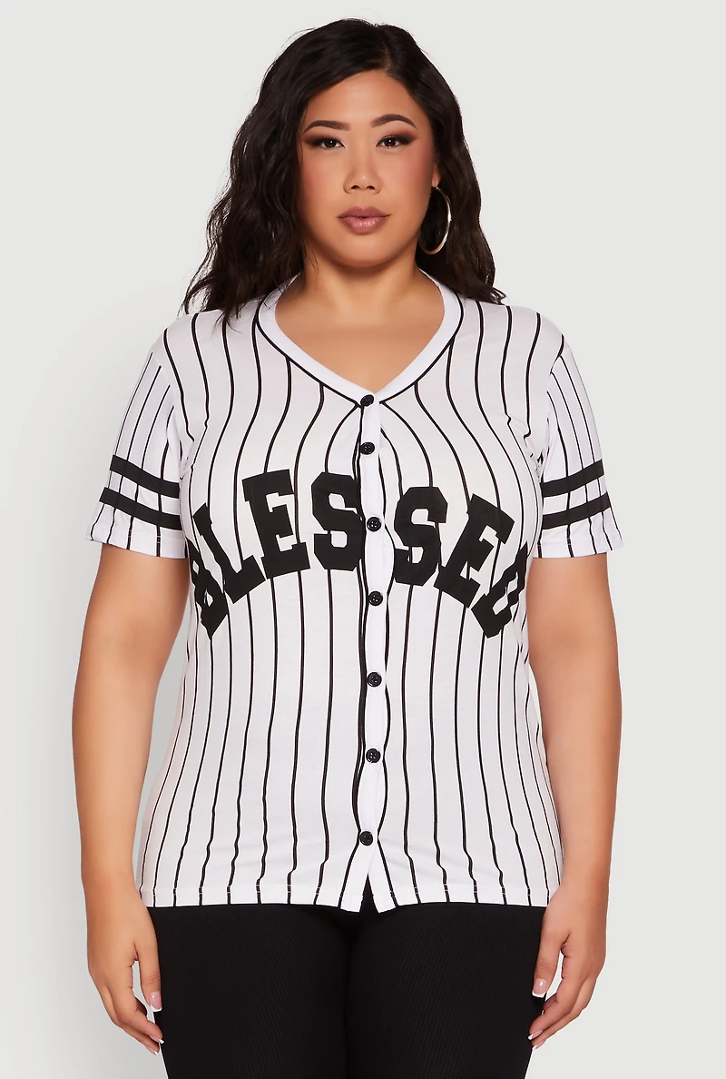 Womens Plus Size Blessed 1 Graphic Striped Baseball Tee, Multi, Size 1X