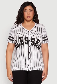 Womens Plus Size Blessed 1 Graphic Striped Baseball Tee, Multi, Size 1X