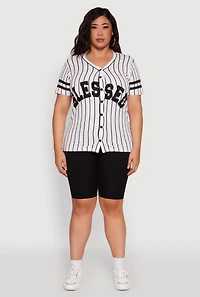 Womens Plus Size Blessed 1 Graphic Striped Baseball Tee, Multi, Size 2X