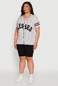 Womens Plus Size Blessed 1 Graphic Striped Baseball Tee, Multi, Size 2X