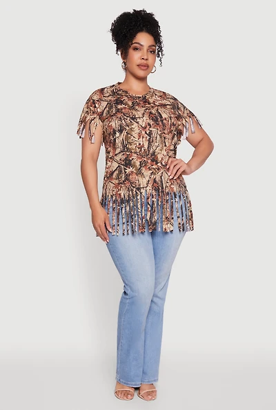 Womens Plus Hunter Camo Fringe Hem T-Shirt, Multi,