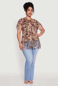 Womens Plus Hunter Camo Fringe Hem T-Shirt, Multi,