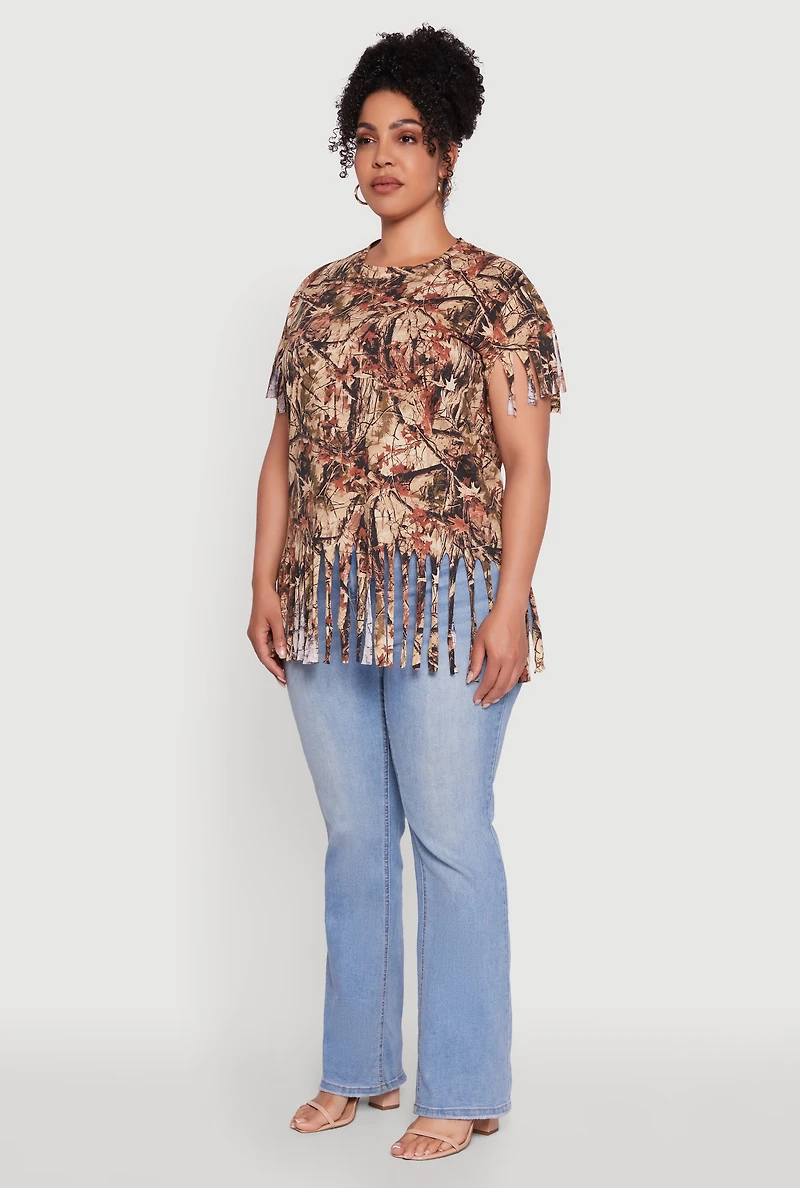 Womens Plus Size Hunter Camo Fringe Hem T-Shirt, Multi, Size 1X