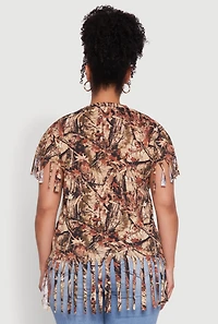 Womens Plus Hunter Camo Fringe Hem T-Shirt, Multi,