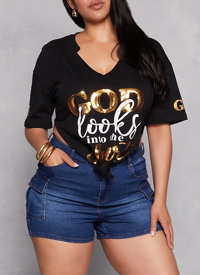 Plus Sequin God Looks Into The Heart Hanky Hem Tee