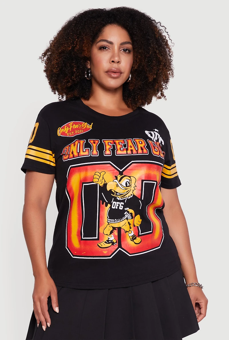 Womens Plus Size Only Fear God Varsity T-Shirt, Black, Size 3X