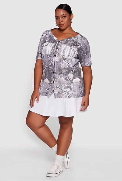 Womens Plus Size Hunter Camo New York 24 Baseball Shirt, Grey, Size 3X