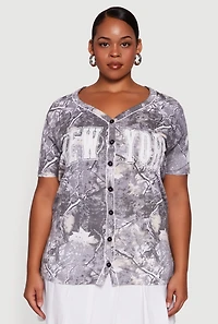 Womens Plus Size Hunter Camo New York 24 Baseball Shirt, Grey, Size 2X