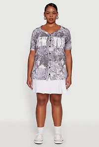 Womens Plus Size Hunter Camo New York 24 Baseball Shirt, Grey, Size 1X