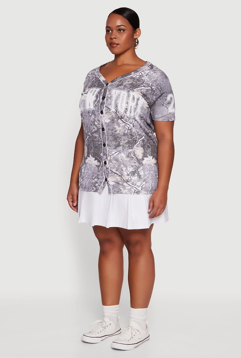 Womens Plus Size Hunter Camo New York 24 Baseball Shirt, Grey, Size 2X