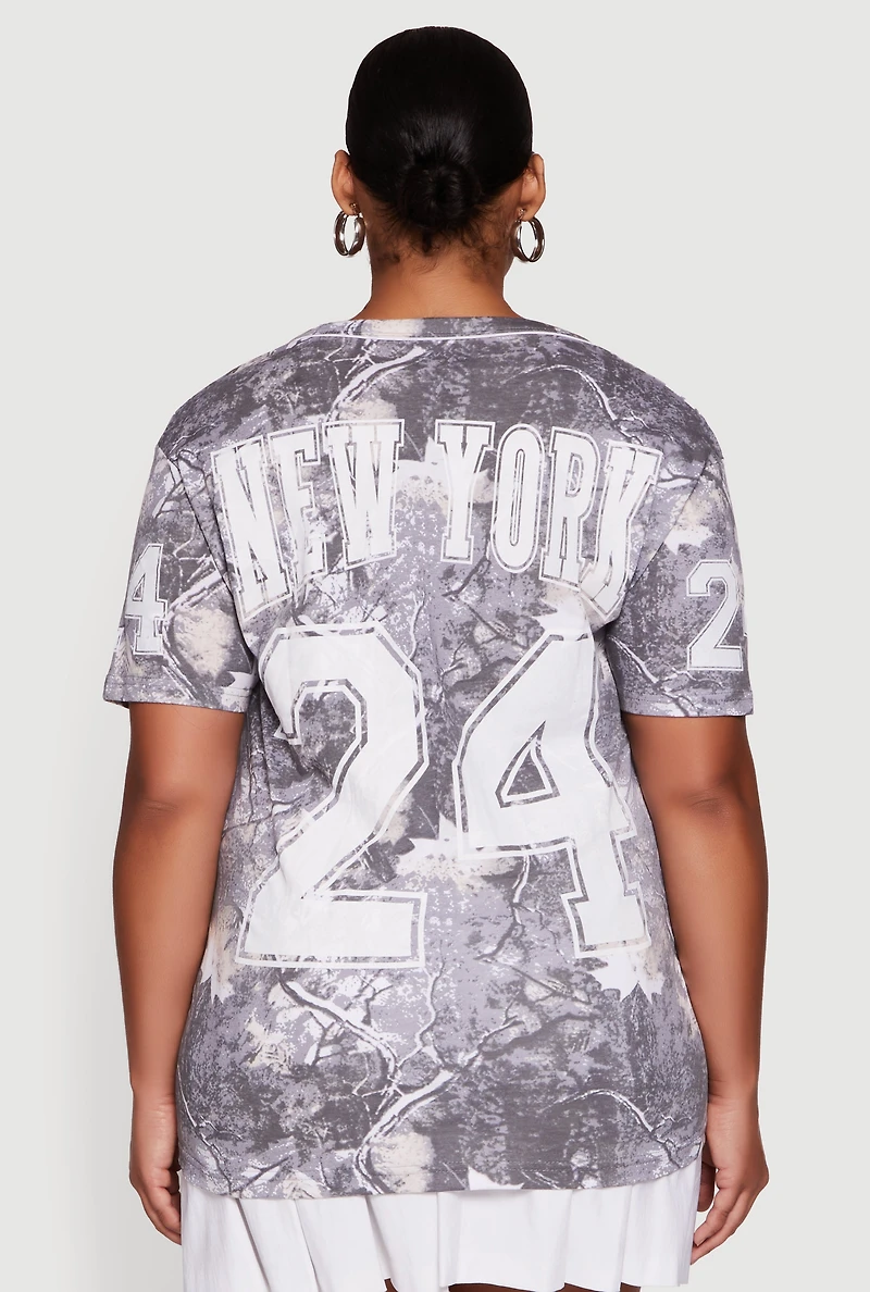 Womens Plus Size Hunter Camo New York 24 Baseball Shirt, Grey, Size 2X