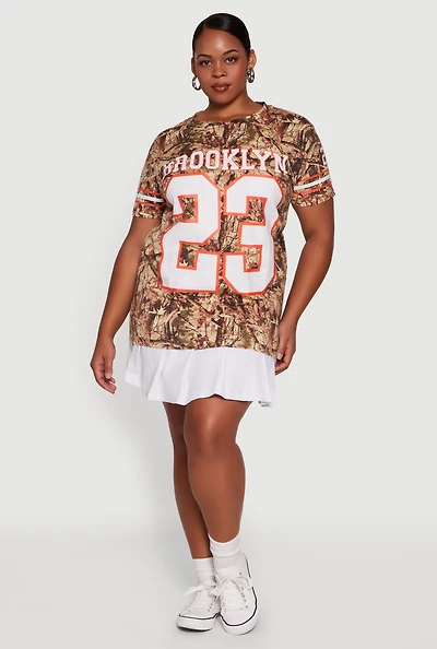 Womens Plus Size Hunter Camo Brooklyn 23 Football T-Shirt, Brown, Size 2X