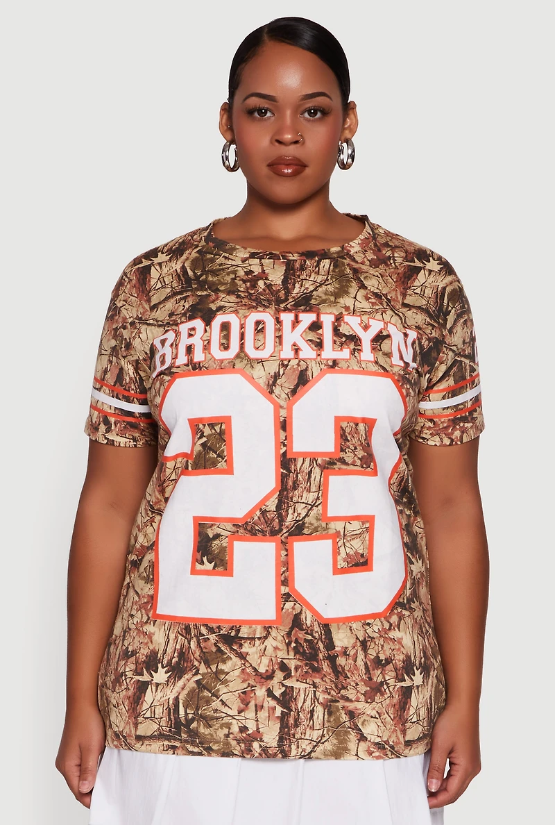 Womens Plus Size Hunter Camo Brooklyn 23 Football T-Shirt, Brown, Size 2X