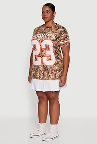 Womens Plus Size Hunter Camo Brooklyn 23 Football T-Shirt, Brown, Size 2X