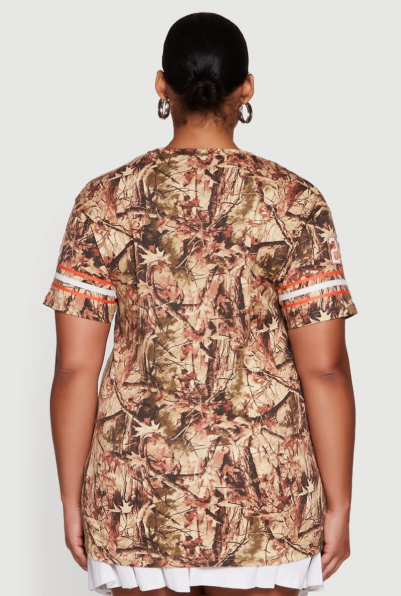 Womens Plus Size Hunter Camo Brooklyn 23 Football T-Shirt, Brown, Size 2X