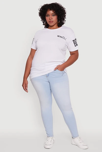 Womens Plus Velvet Burnout Beautiful Graphic Tee, White,
