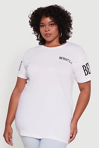 Womens Plus Velvet Burnout Beautiful Graphic Tee, White,