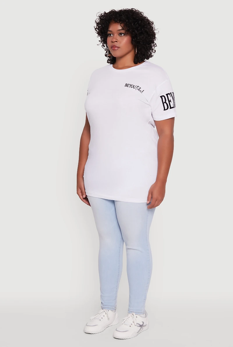 Womens Plus Velvet Burnout Beautiful Graphic Tee, White,