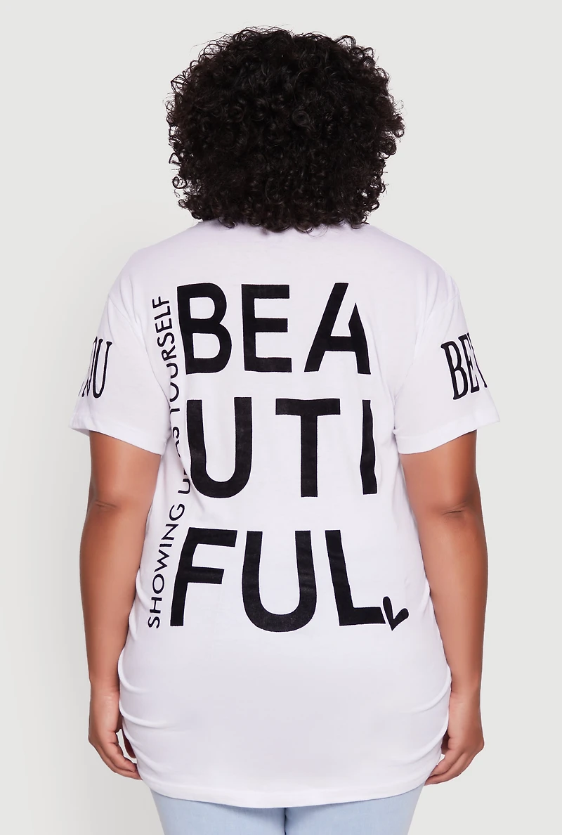 Womens Plus Velvet Burnout Beautiful Graphic Tee, White,