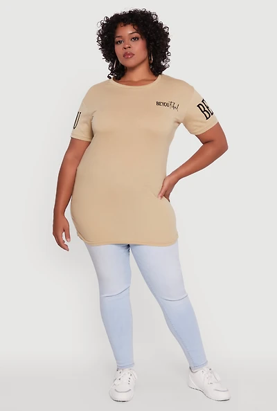 Womens Plus Size Velvet Burnout Beautiful Graphic Tee, Beige, Size 2X