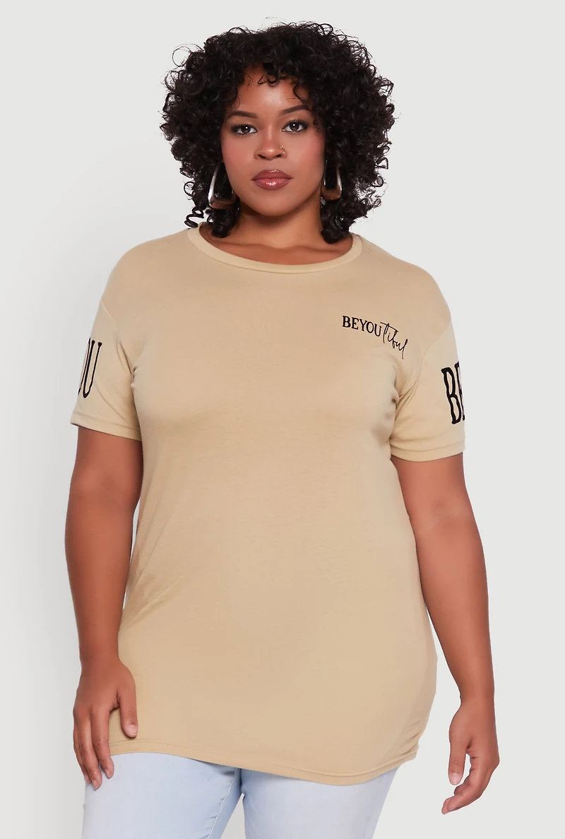 Womens Plus Size Velvet Burnout Beautiful Graphic Tee, Beige, Size 2X