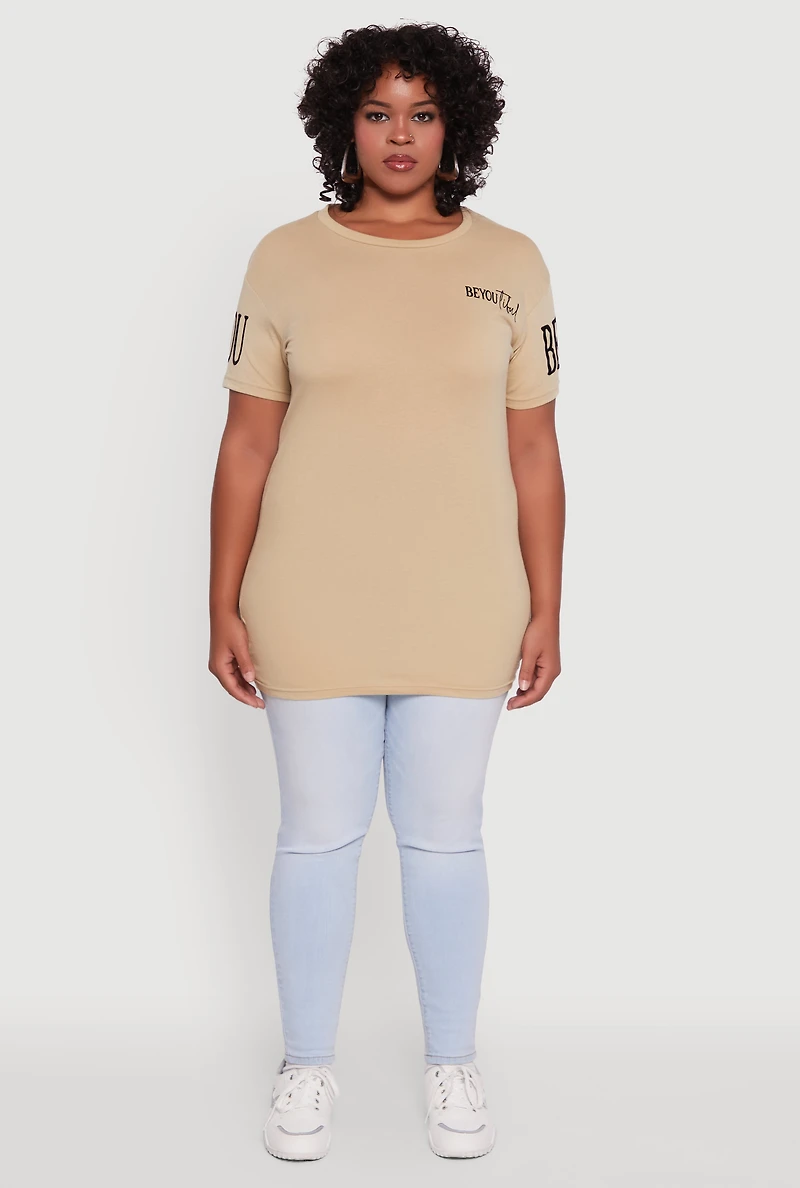 Womens Plus Size Velvet Burnout Beautiful Graphic Tee, Beige, Size 2X