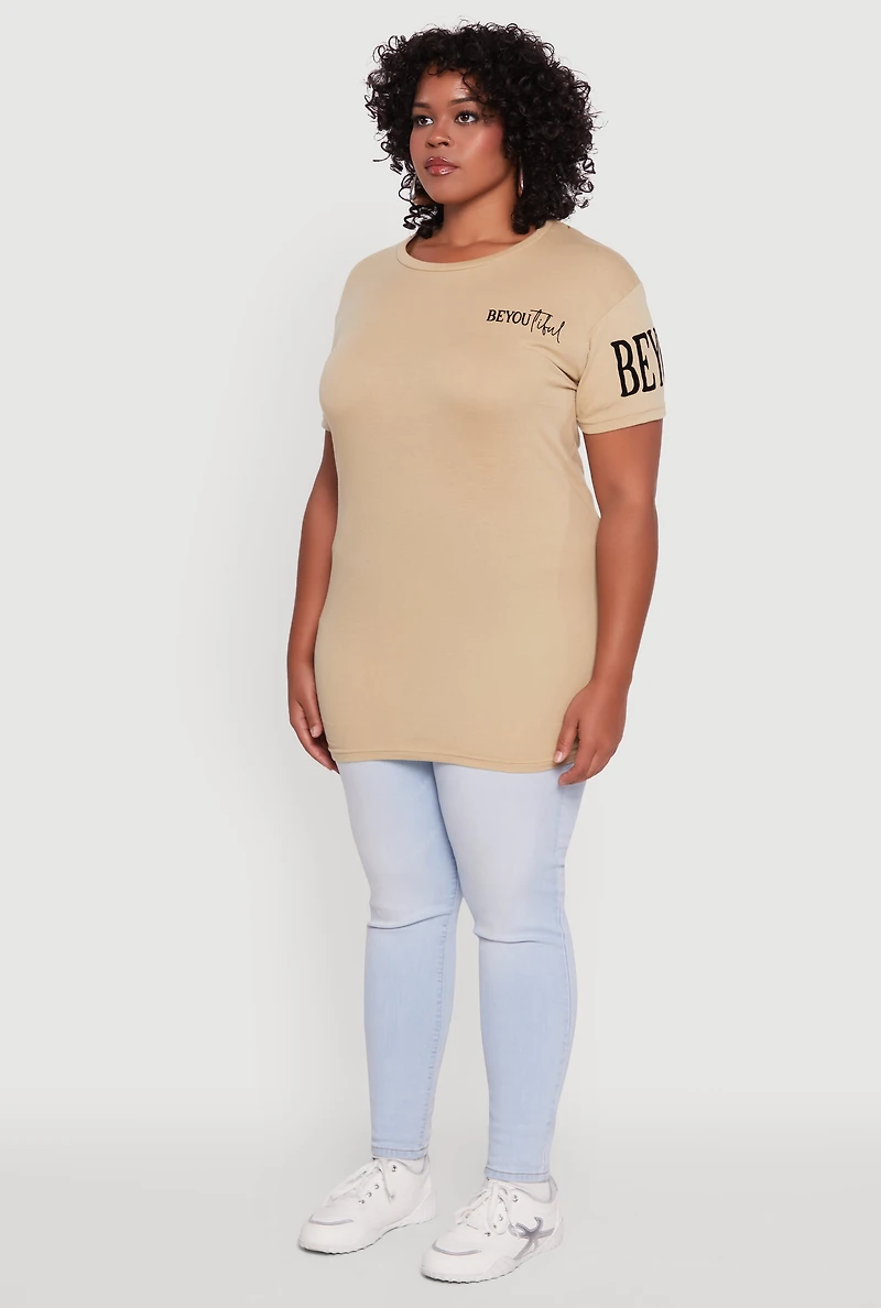 Womens Plus Size Velvet Burnout Beautiful Graphic Tee, Beige, Size 2X