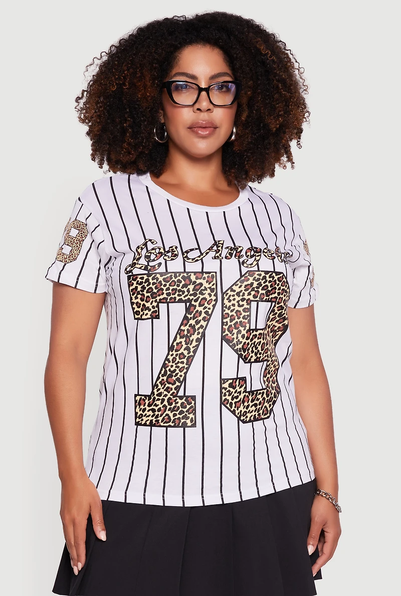 Womens Plus Size Los Angeles 79 Graphic Pinstripe T-Shirt, White, Size 2X