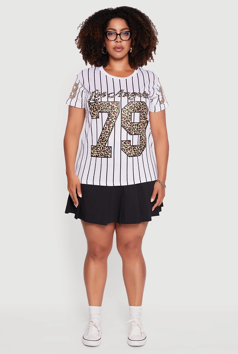 Womens Plus Size Los Angeles 79 Graphic Pinstripe T-Shirt, White, Size 2X