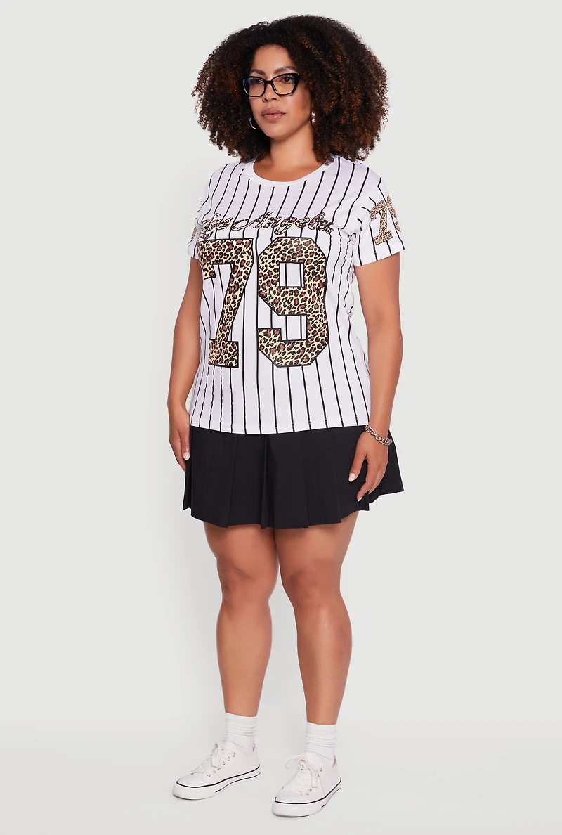 Womens Plus Size Los Angeles 79 Graphic Pinstripe T-Shirt, White, Size 2X