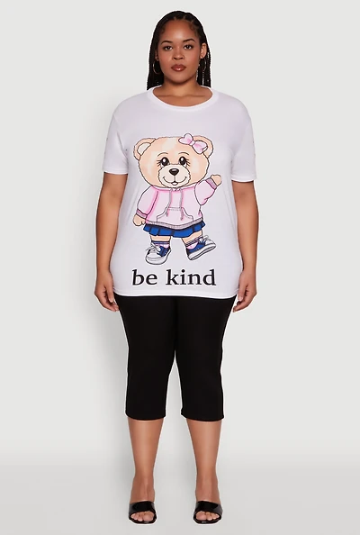 Womens Plus Size Be Kind Bear Graphic Crew Neck T-Shirt, White, Size 2X