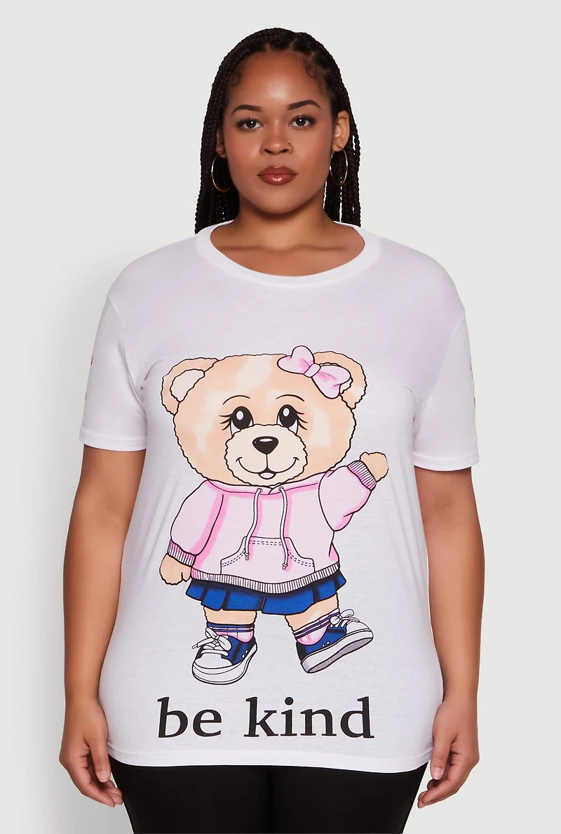 Womens Plus Size Be Kind Bear Graphic Crew Neck T-Shirt, White, Size 2X
