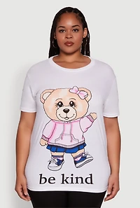 Womens Plus Size Be Kind Bear Graphic Crew Neck T-Shirt, White, Size 2X