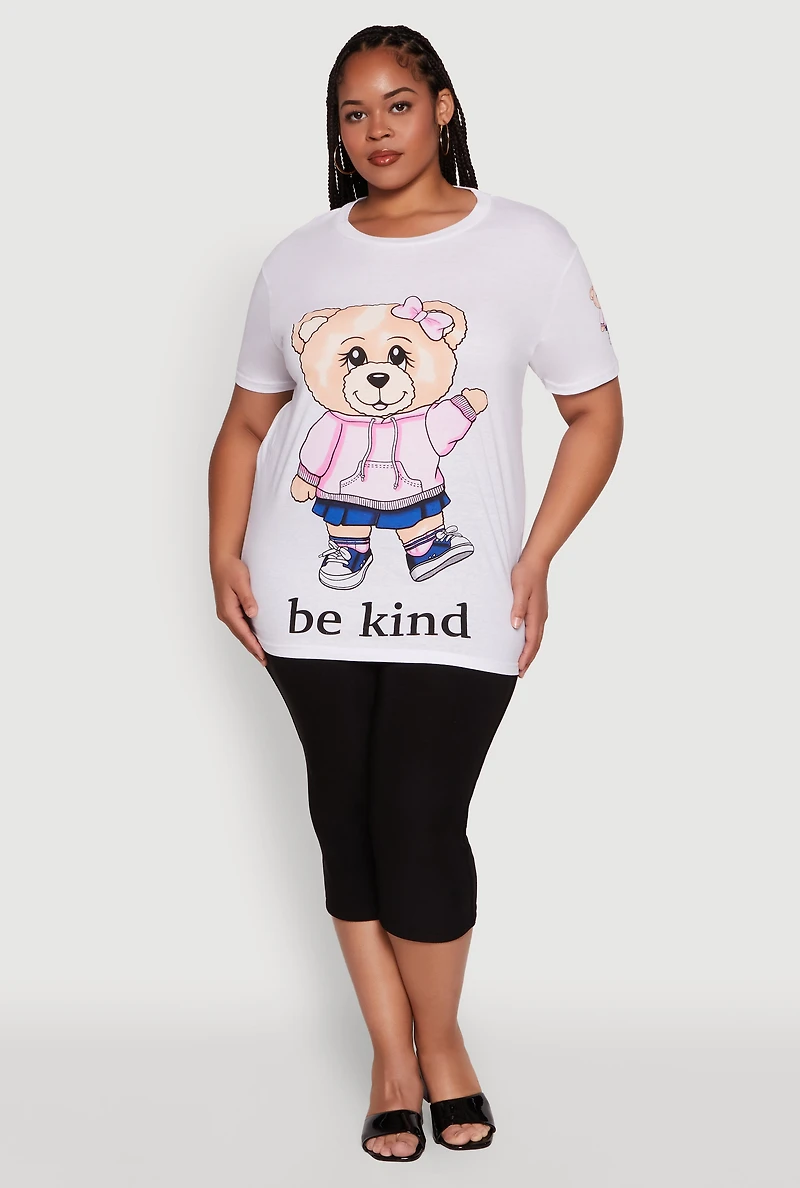 Womens Plus Size Be Kind Bear Graphic Crew Neck T-Shirt, White, Size 2X