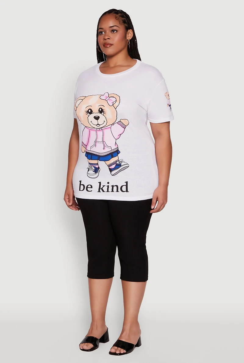 Womens Plus Size Be Kind Bear Graphic Crew Neck T-Shirt, White, Size 2X