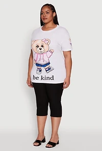 Womens Plus Size Be Kind Bear Graphic Crew Neck T-Shirt, White, Size 2X