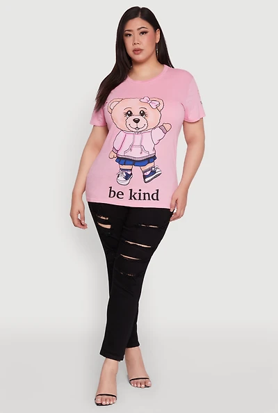 Womens Plus Size Be Kind Bear Graphic Crew Neck T-Shirt, Pink, Size 2X