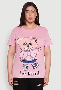 Womens Plus Be Kind Bear Graphic Crew Neck T-Shirt,