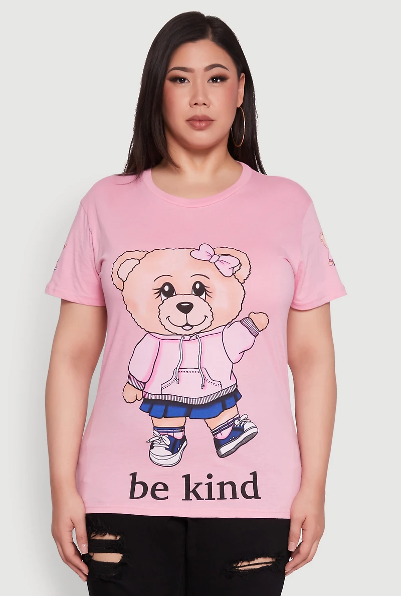 Womens Plus Size Be Kind Bear Graphic Crew Neck T-Shirt, Pink, Size 2X