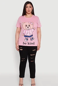 Womens Plus Be Kind Bear Graphic Crew Neck T-Shirt,