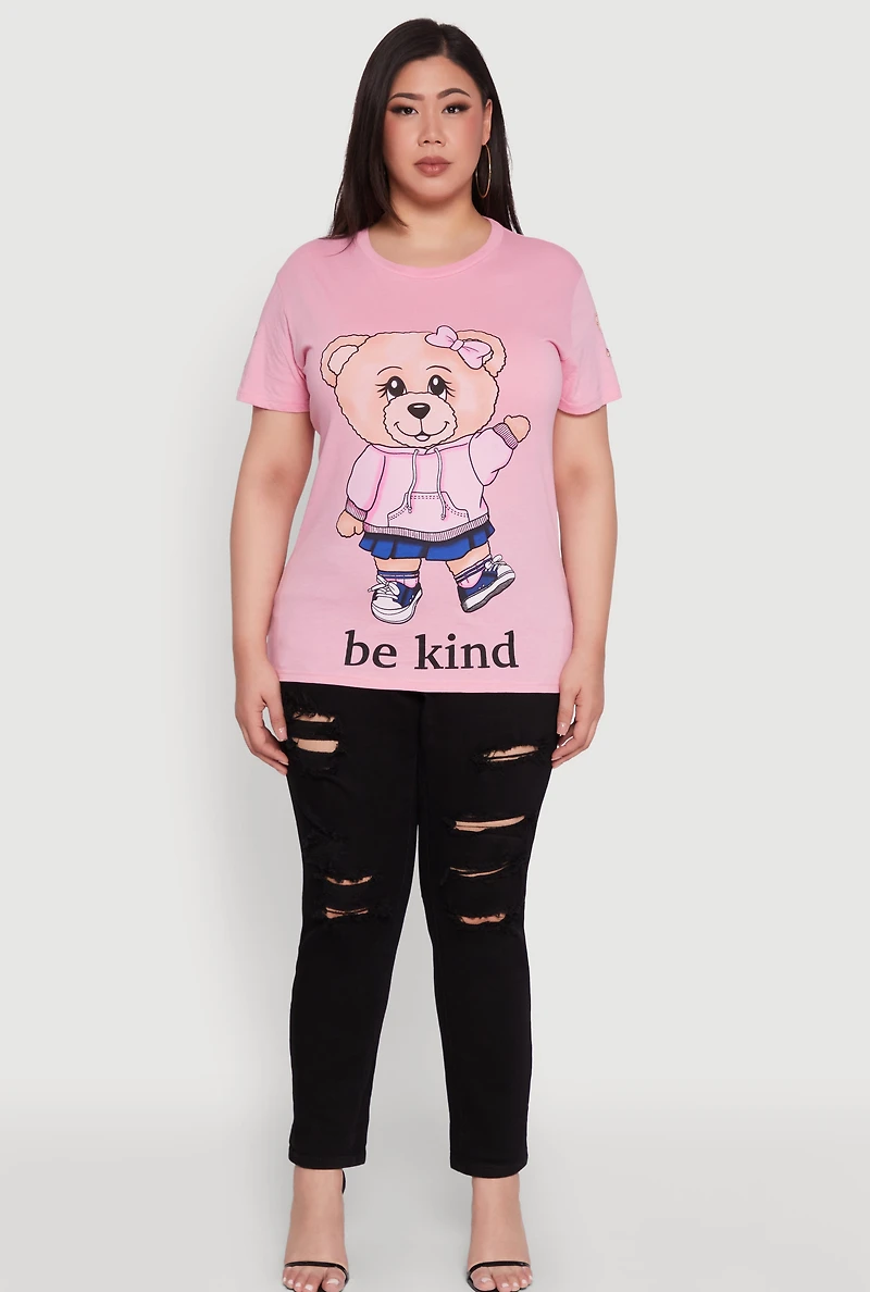 Womens Plus Size Be Kind Bear Graphic Crew Neck T-Shirt, Pink, Size 2X