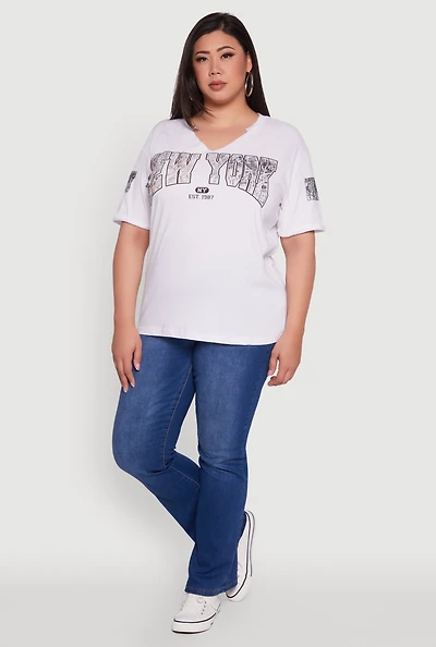 Womens Plus Size New York Graphic Rolled Cuff T-Shirt, White, Size 1X