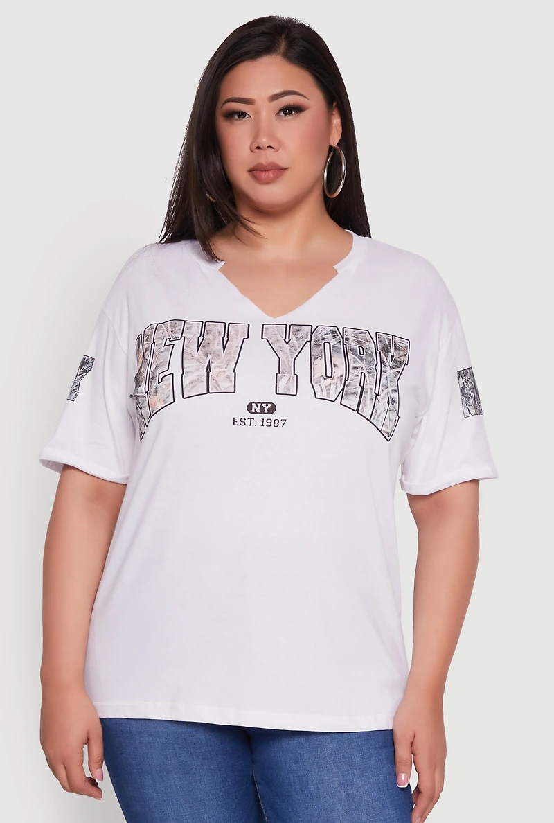 Womens Plus Size New York Graphic Rolled Cuff T-Shirt, White, Size 2X