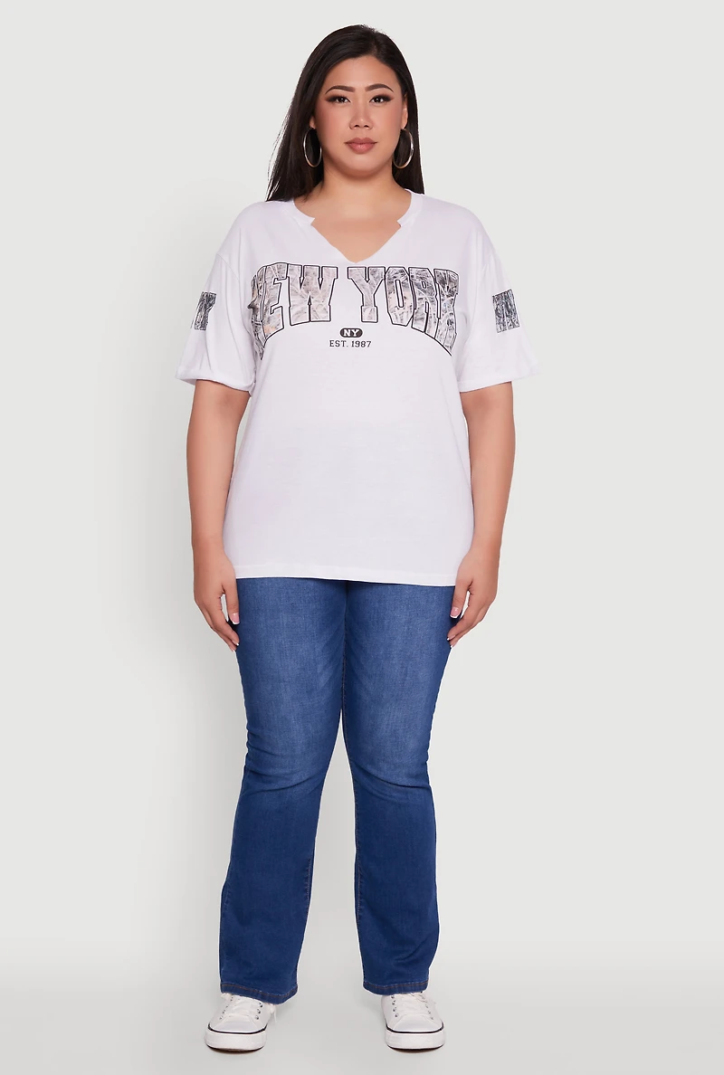 Womens Plus Size New York Graphic Rolled Cuff T-Shirt, White, Size 1X