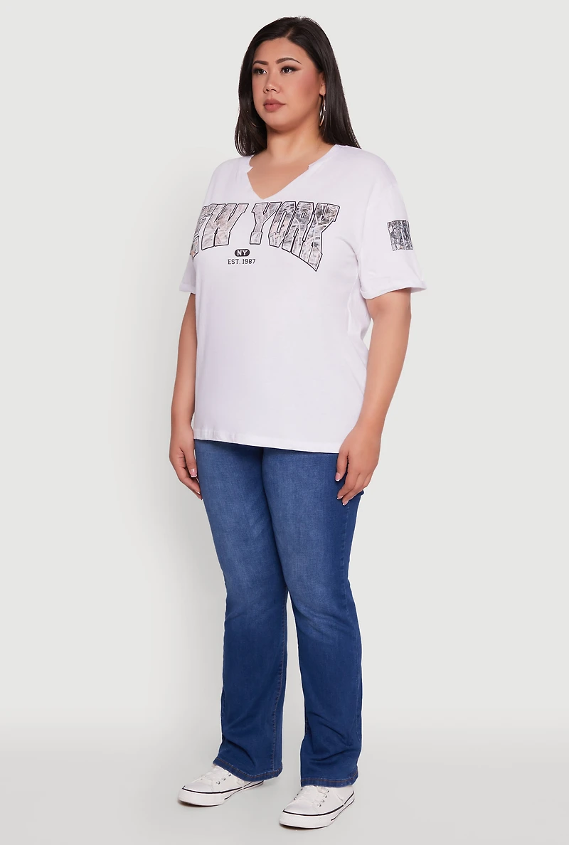 Womens Plus Size New York Graphic Rolled Cuff T-Shirt, White, Size 2X