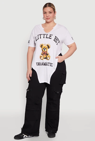 Womens Plus Size A Little Bit Dramatic Side Slit Graphic Tee, White, Size 3X