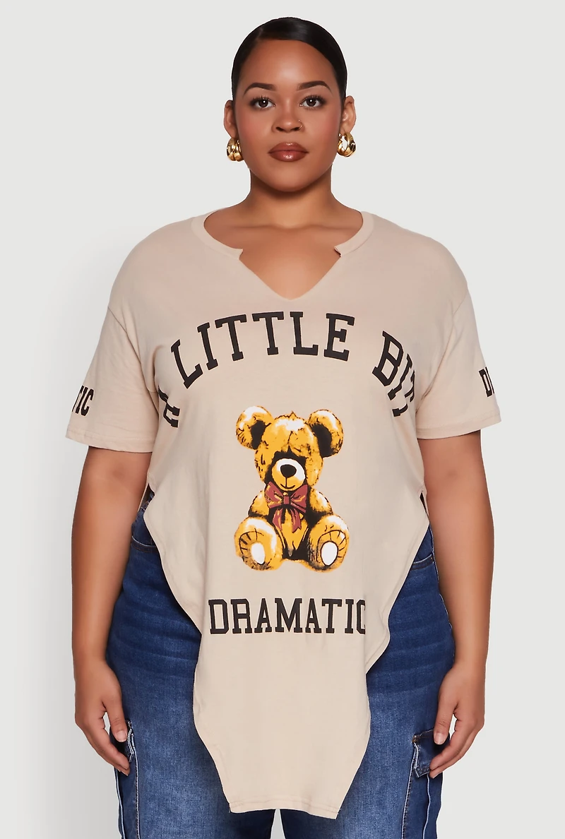 Womens Plus A Little Bit Dramatic Side Slit Graphic Tee, Beige,