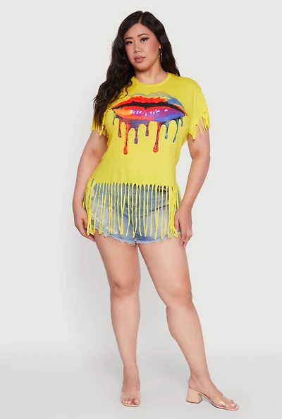 Womens Plus Size Lip Graphic Fringe Hem T-Shirt, Yellow, Size 3X