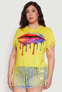 Womens Plus Size Lip Graphic Fringe Hem T-Shirt, Yellow, Size 1X